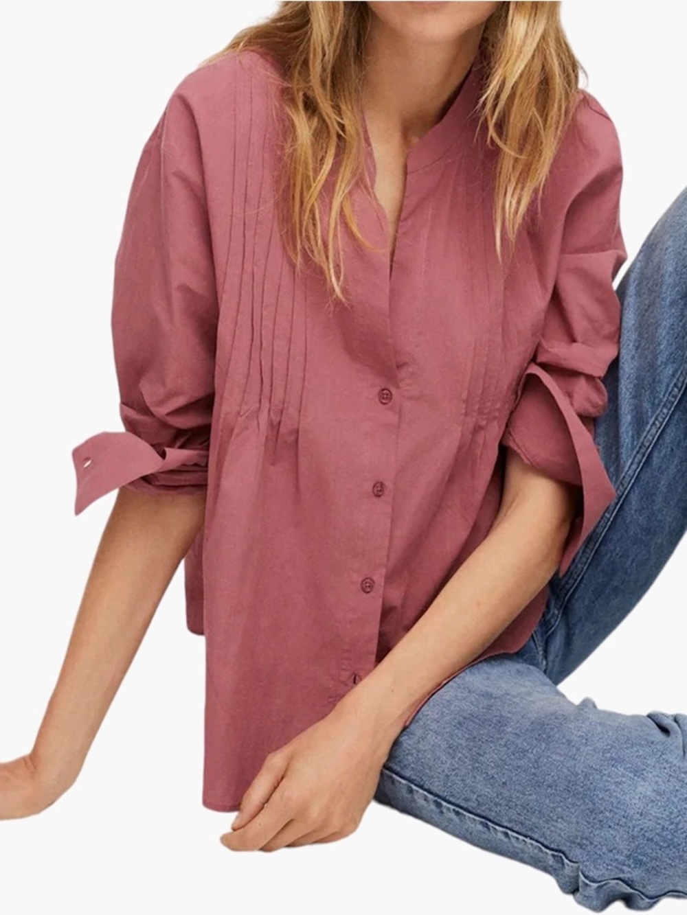 MNG Mango Top Sz 4 Sustainable Cotton Pleats Button Up Rose Pink Pintuck  Blouse